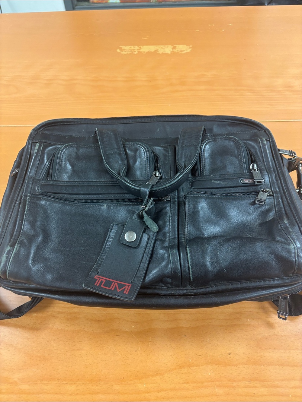 Tumi Black Leather Laptop Briefcase with Tumi ID Tag